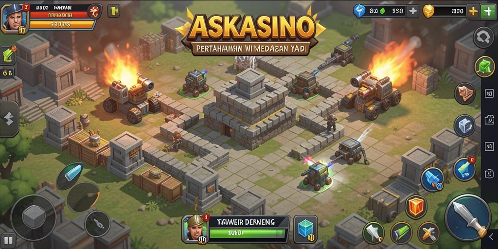 Screenshot gameplay yang menunjukkan pertempuran Tower Defense yang menegangkan.
