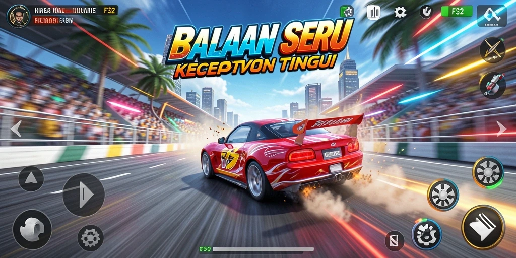 Tampilan gameplay F32 dengan mobil balap yang cepat dan trek yang menantang.