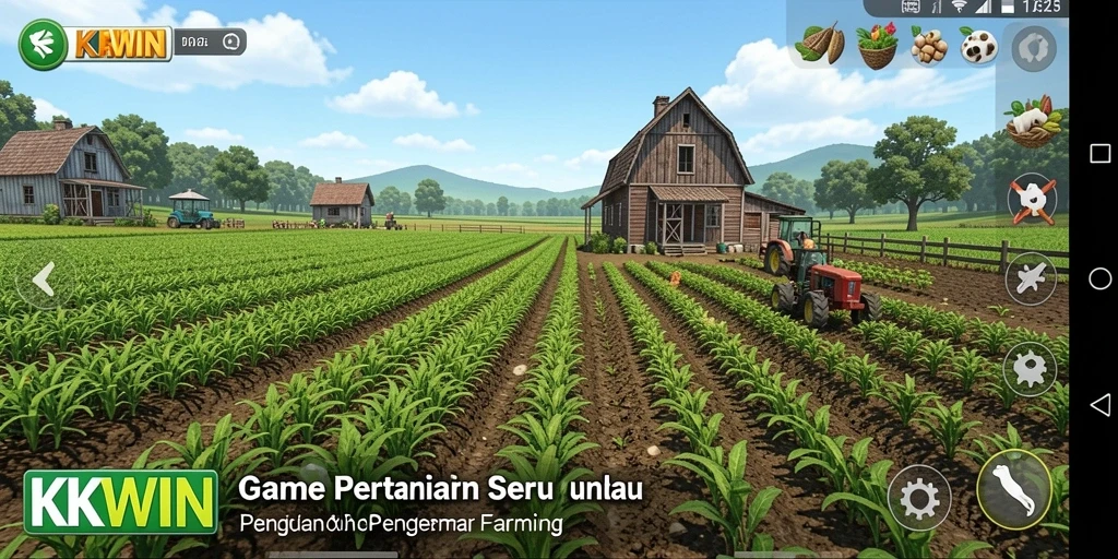 Gameplay menarik di KKWIN dengan ladang yang subur dan hewan ternak.