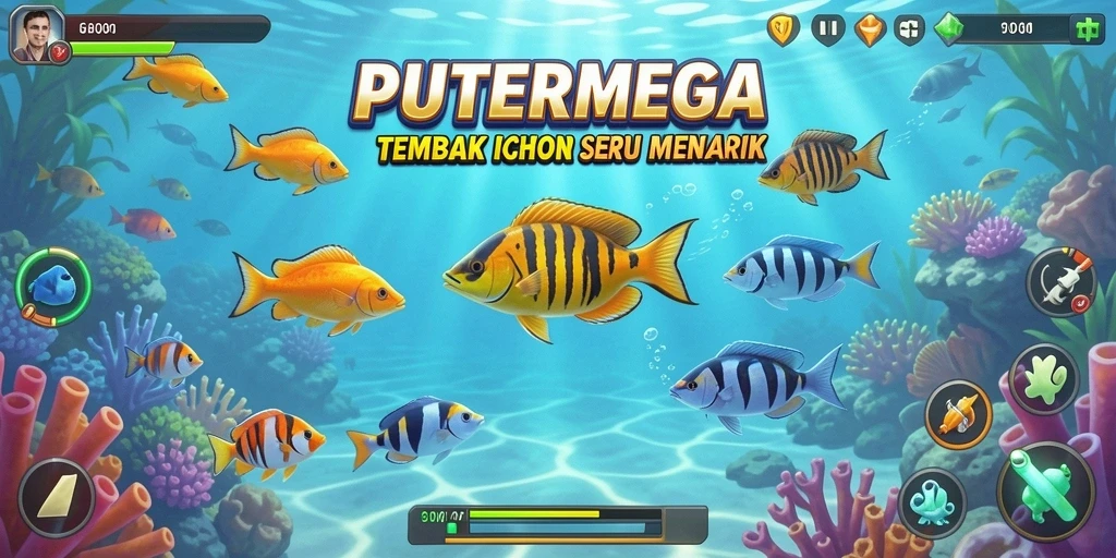 Screenshot gameplay PUTERMEGA yang menunjukkan aksi menembak ikan.