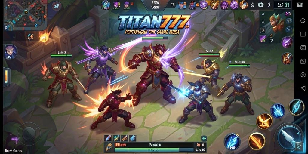 Screenshot utama TITAN777 menampilkan aksi pertarungan tim yang seru.